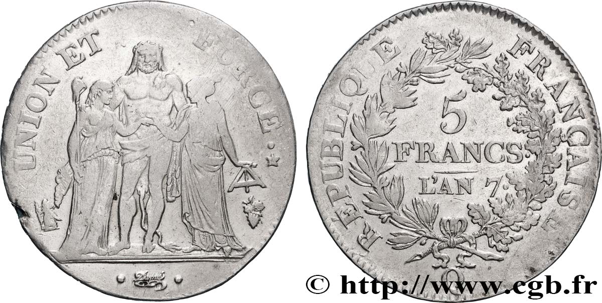 5 francs Union et Force, Union serré, avec glands intérieurs et gland extérieur 1799 Perpignan F.288/120 TB 