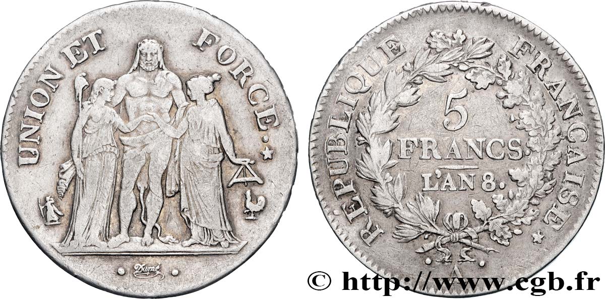 5 francs Union et Force, Union serré, avec glands intérieurs et gland extérieur 1800 Paris F.288/126 XF 