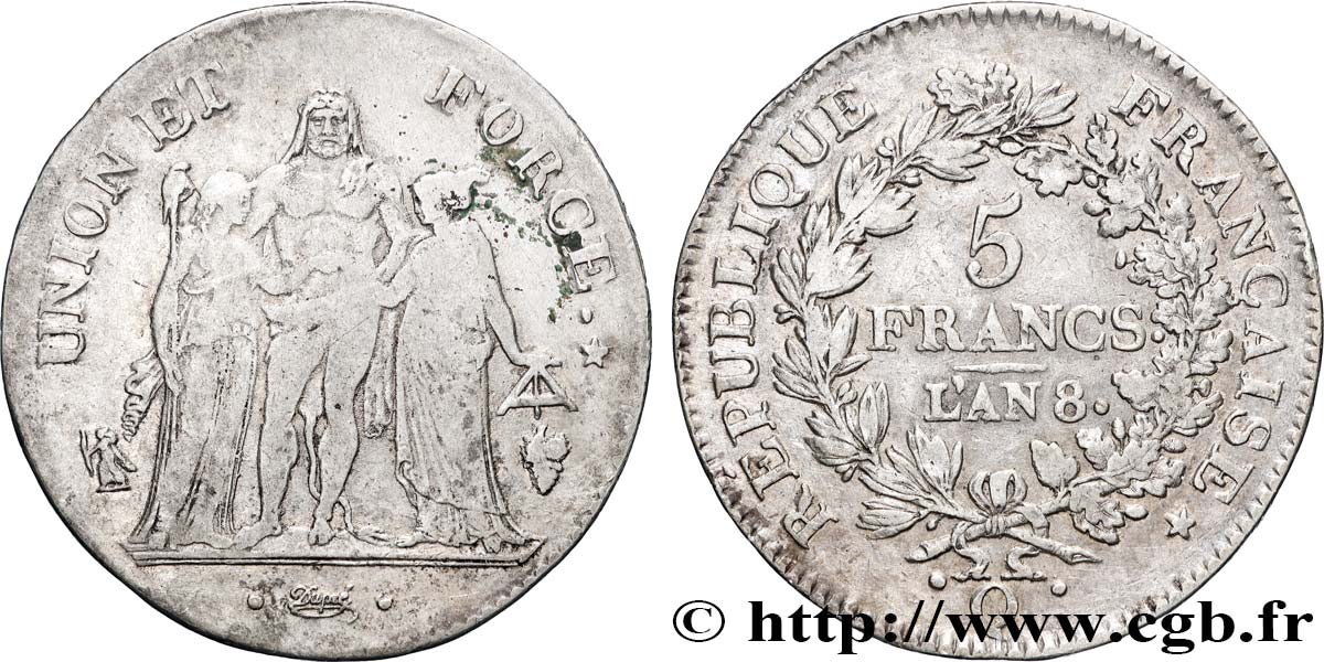 5 francs Union et Force, Union serré, avec glands intérieurs et gland extérieur 1800 Perpignan F.288/149 VF 