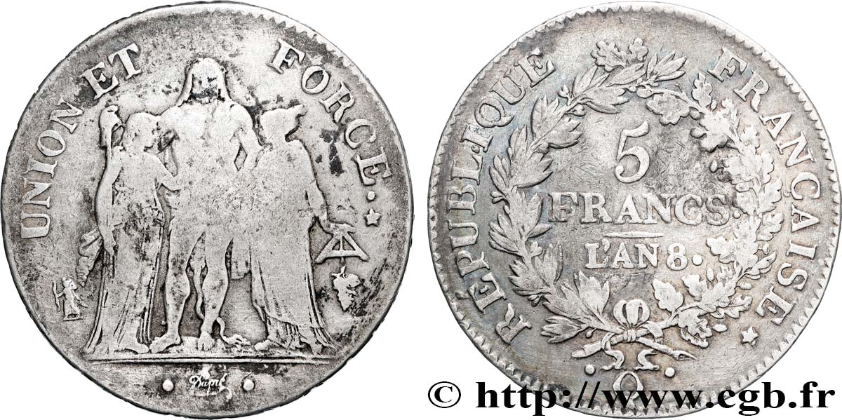 5 francs Union et Force, Union serré, avec glands intérieurs et gland extérieur 1800 Perpignan F.288/149 TB 