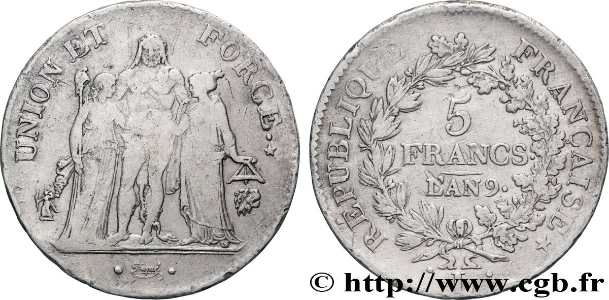 5 francs Union et Force, Union serré, avec glands intérieurs et gland extérieur 1801 Bayonne F.288/161 TB+ 