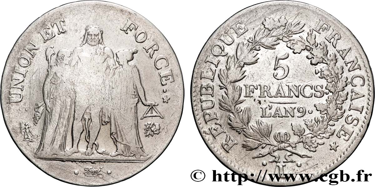 5 francs Union et Force, Union serré, avec glands intérieurs et gland extérieur 1801 Bayonne F.288/161 TB 
