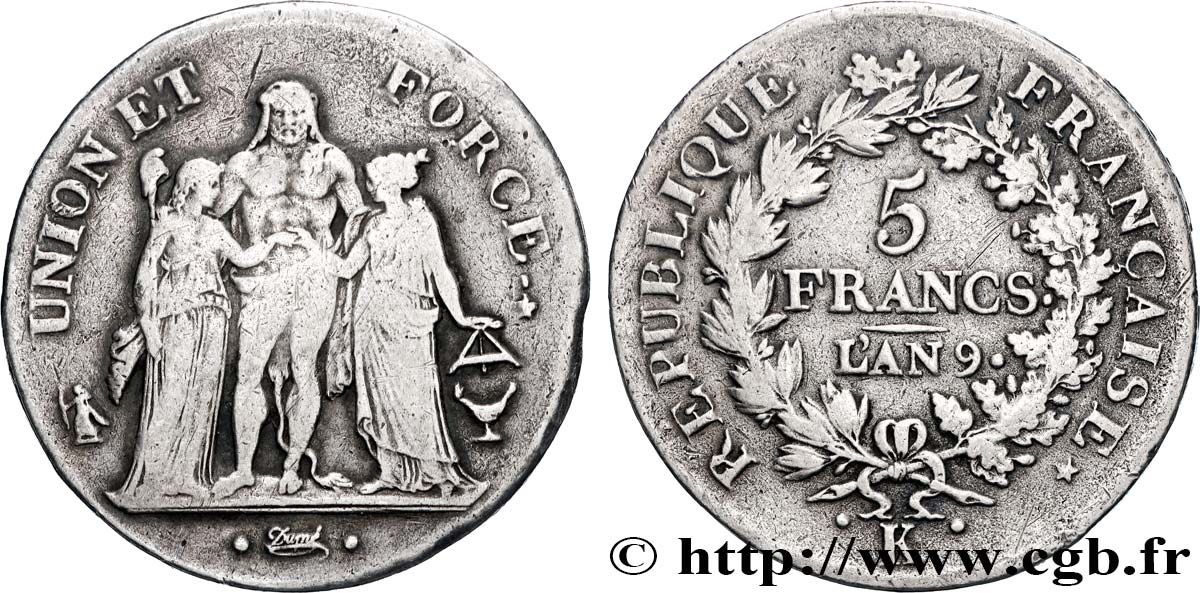5 francs Union et Force, Union serré, avec glands intérieurs et gland extérieur 1801 Bordeaux F.288/159 VF/VF 