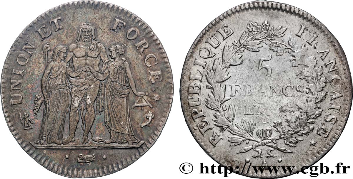 5 francs Union et Force, Union desserré, avec glands intérieurs et gland extérieur 1797 Paris F.291/5 MBC/BC 