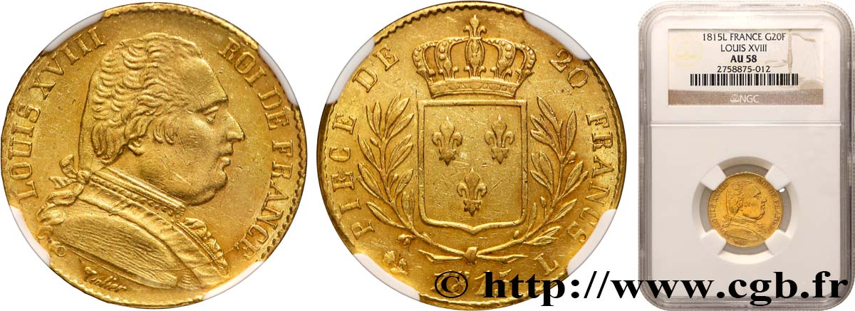 20 francs or Louis XVIII, buste habillé 1815 Bayonne F.517/14 SUP58 NGC