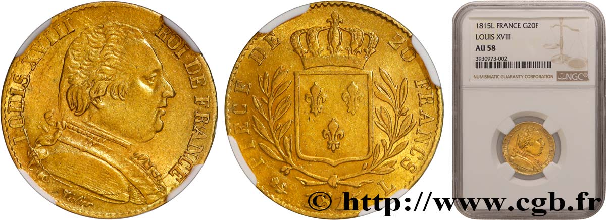 20 francs or Louis XVIII, buste habillé 1815 Bayonne F.517/14 AU58 NGC