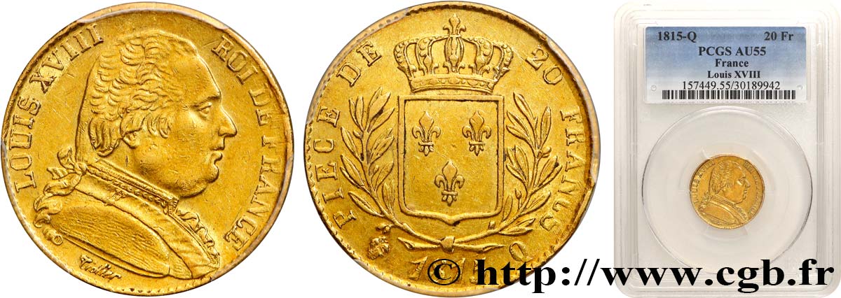 20 francs or Louis XVIII, buste habillé 1815 Perpignan F.517/16 SUP55 PCGS