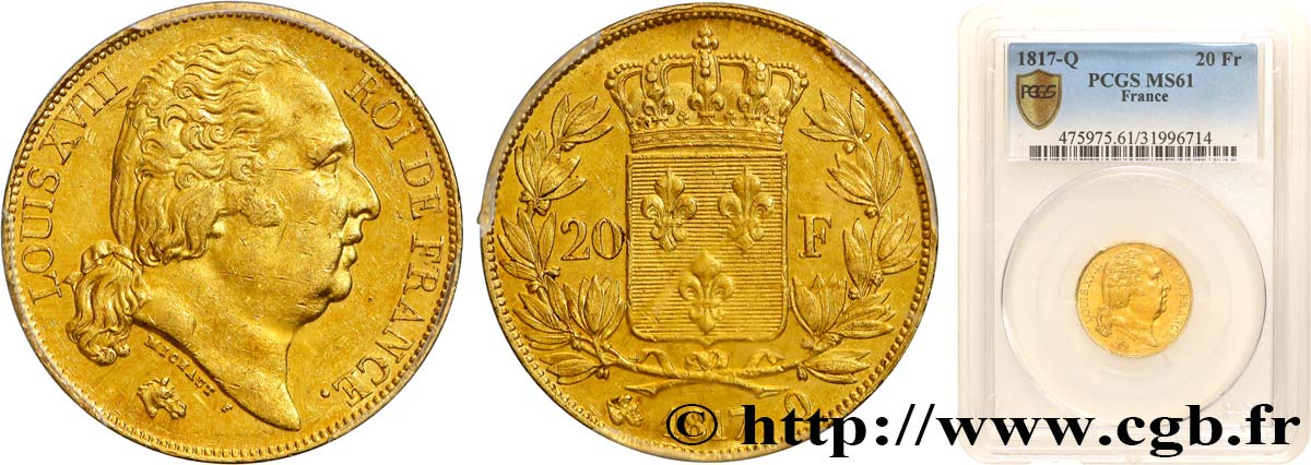 20 francs or Louis XVIII, tête nue 1817 Perpignan F.519/8 SUP61 PCGS