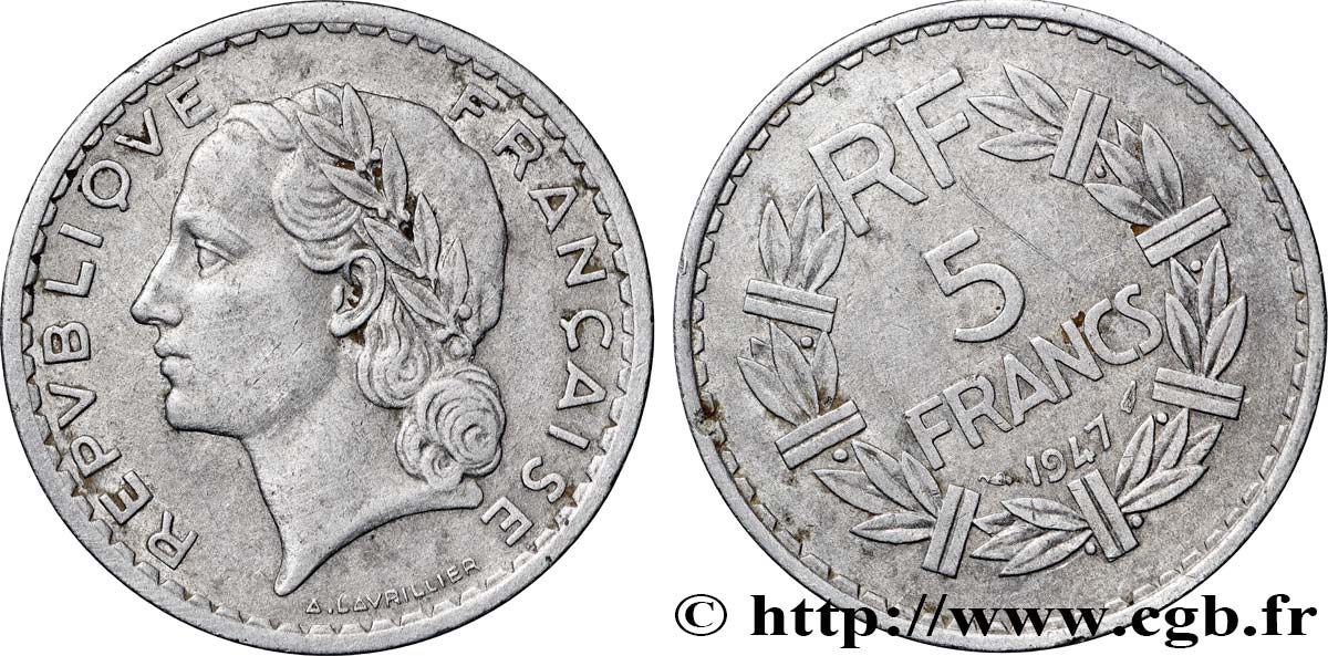 5 francs Lavrillier, aluminium, Fauté Coins Tournés à -28 min / -168° 1947  F.339/9 var. TB+ 