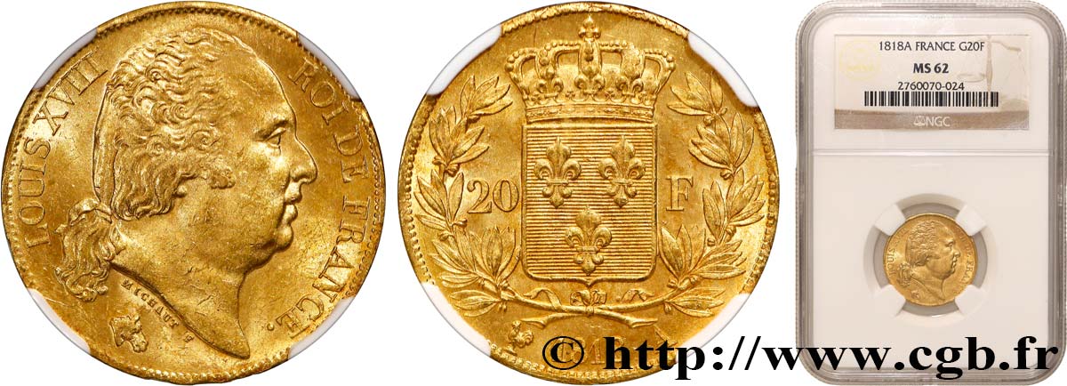 20 francs or Louis XVIII, tête nue 1818 Paris F.519/10 SUP62 NGC