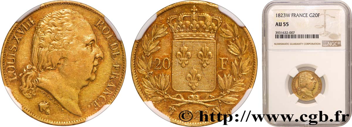 20 francs or Louis XVIII, tête nue 1823 Lille F.519/30 SUP55 NGC