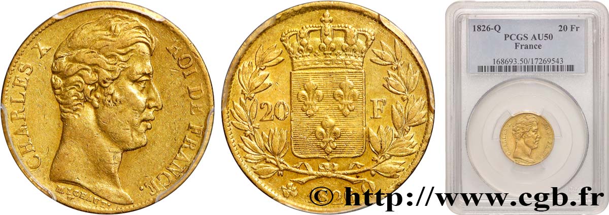 20 francs or Charles X, matrice du revers à quatre feuilles et demie 1826 Perpignan F.520/4 TTB50 PCGS