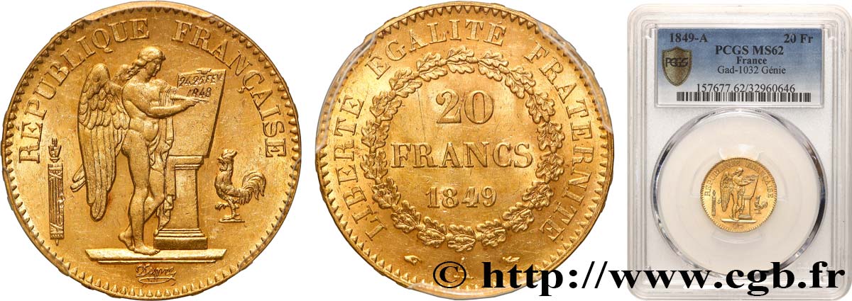20 francs or Génie, IIe République 1849 Paris F.528/2 MS62 PCGS