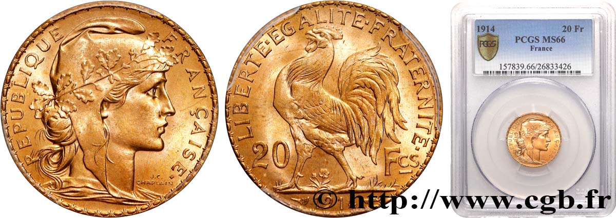 20 francs or Coq, Liberté Égalité Fraternité 1914 Paris F.535/8 FDC66 PCGS
