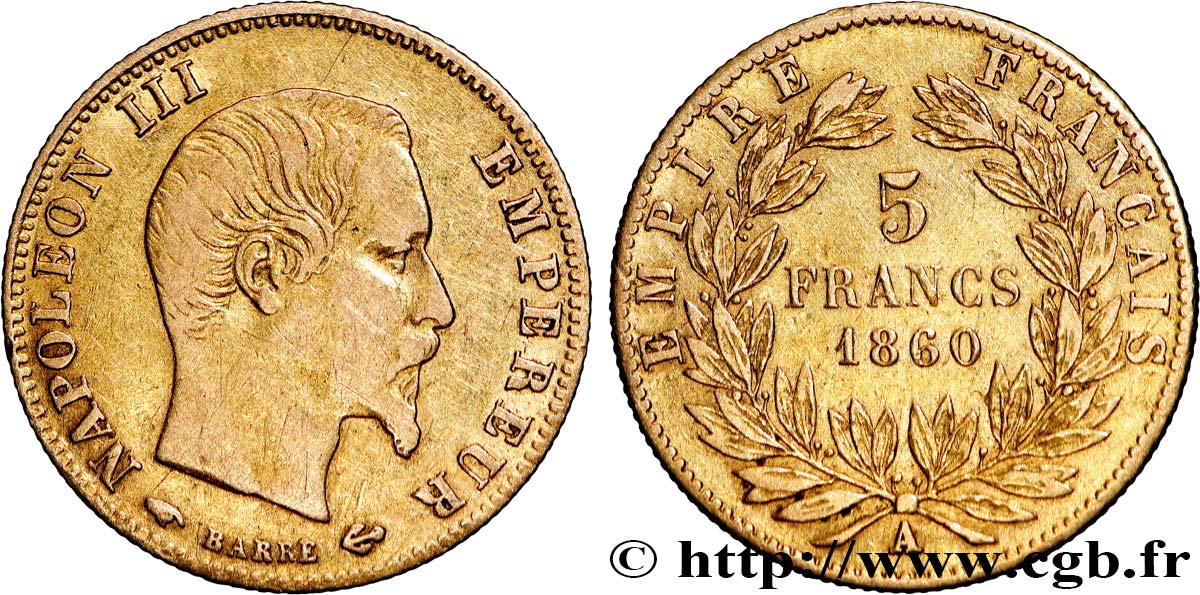 5 francs or Napoléon III, tête nue, grand module 1860 Paris F.501/10 TB+ 