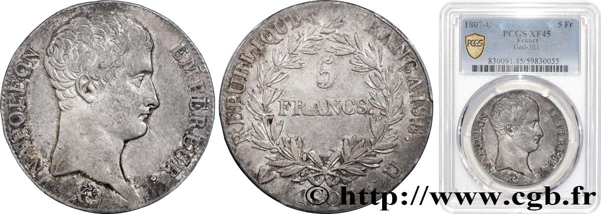 5 francs Napoléon Empereur, Calendrier grégorien 1807 Turin F.304/22 XF45 PCGS