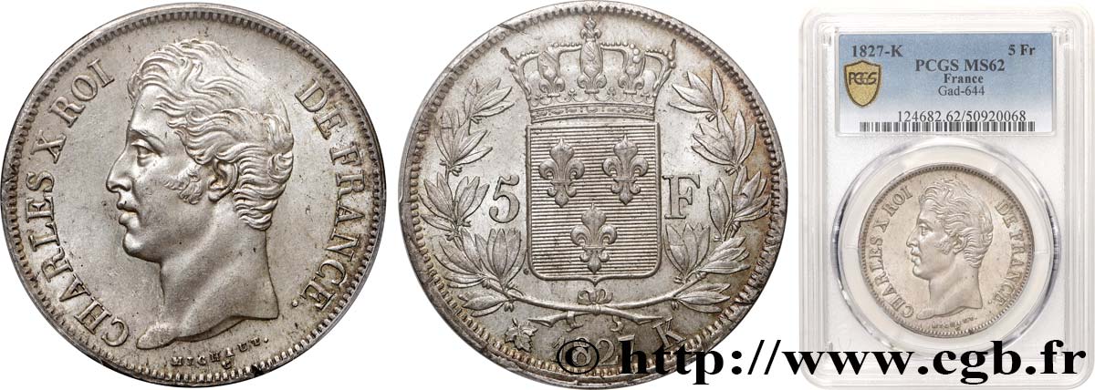5 francs Charles X, 2e type 1827 Bordeaux F.311/7 SUP62 PCGS