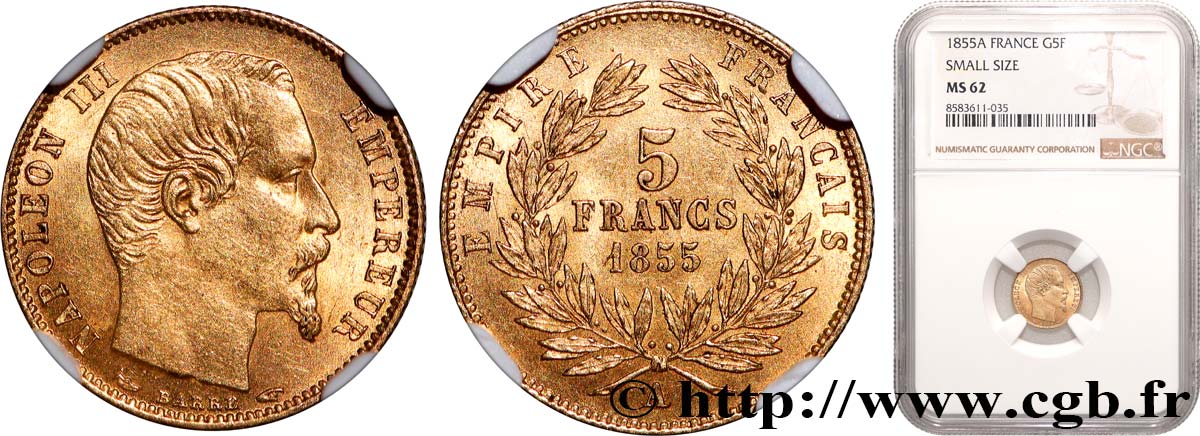 5 francs or Napoléon III tête nue, petit module 1855 Paris F.500A/2 SUP62 NGC