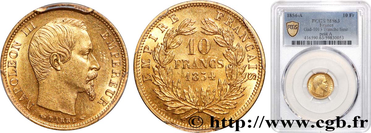 10 francs or Napoléon III, tête nue, petit module, tranche lisse 1854 Paris F.505/1 SPL63 PCGS