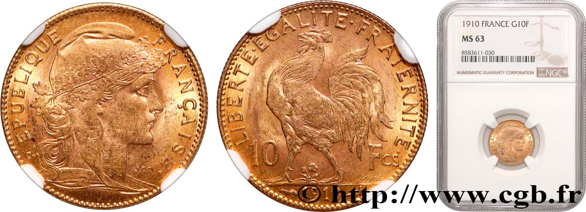 10 francs Coq 1910 Paris F.509/11 MS63 NGC