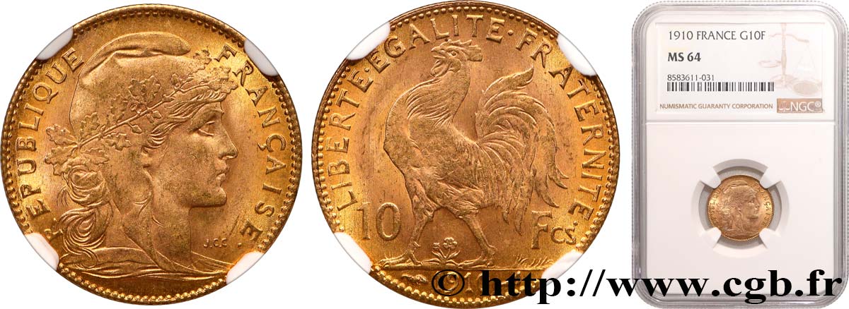 10 francs Coq 1910 Paris F.509/11 SPL64 NGC