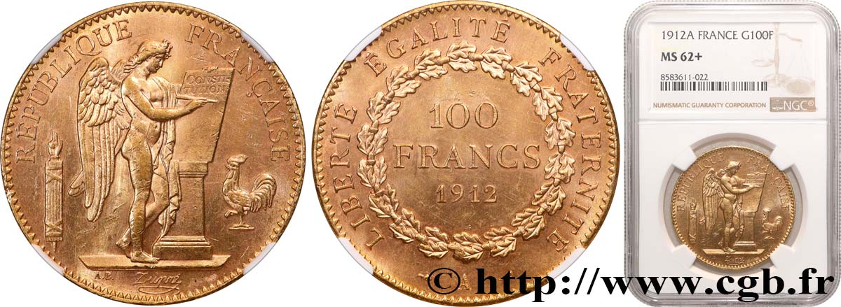 100 francs génie, tranche inscrite en relief liberté égalité fraternité 1912 Paris F.553/6 SUP62 NGC