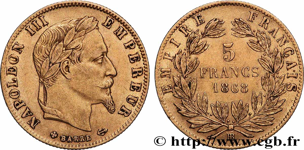5 francs or Napoléon III, tête laurée 1868 Strasbourg F.502/14 TTB 