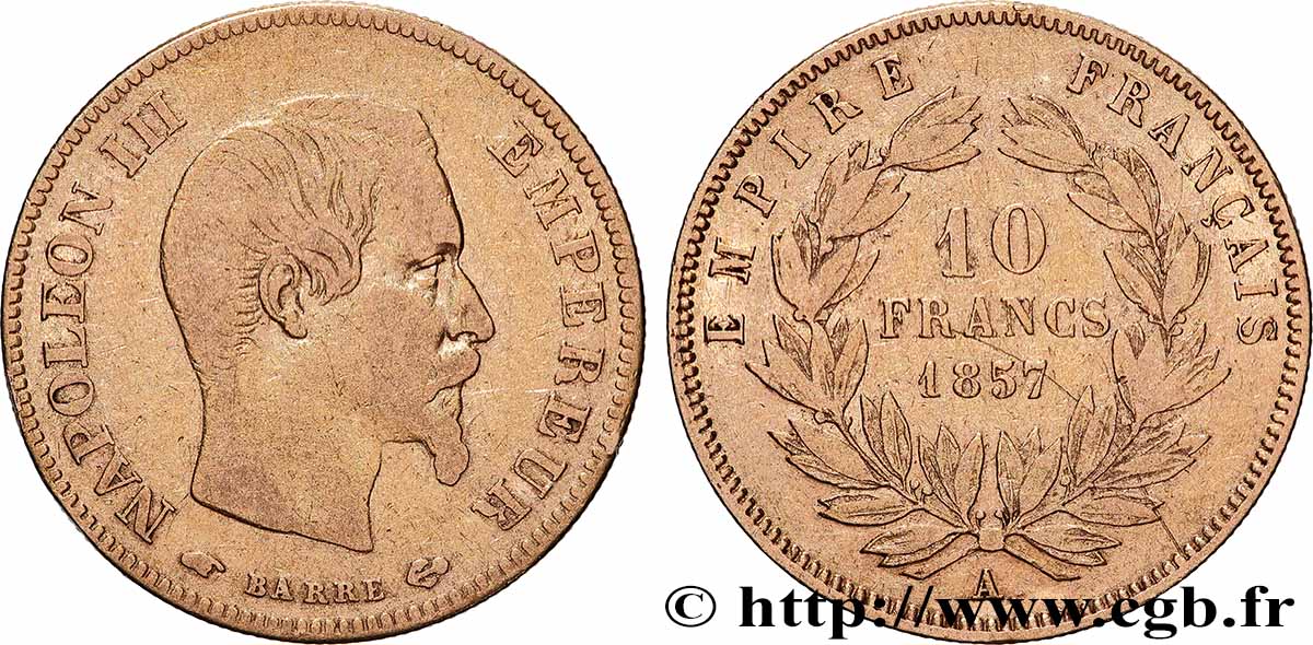 10 francs or Napoléon III, tête nue 1857 Paris F.506/4 VF 