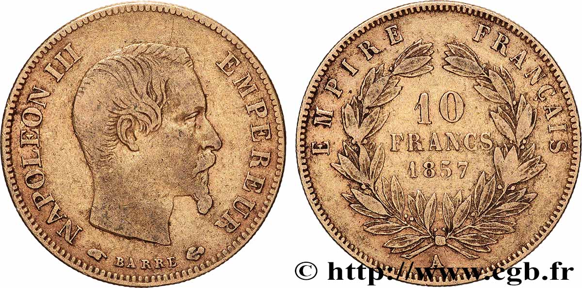 10 francs or Napoléon III, tête nue 1857 Paris F.506/4 TB 