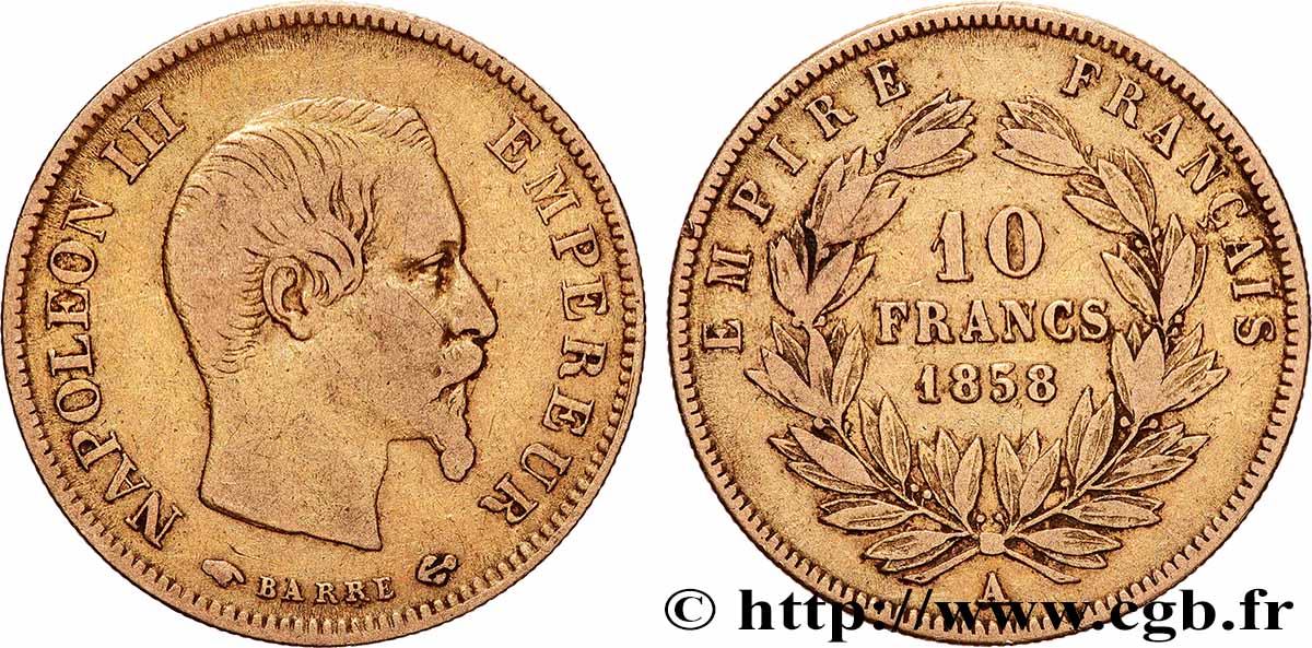 10 francs or Napoléon III, tête nue, grand module 1858 Paris F.506/5 TB 