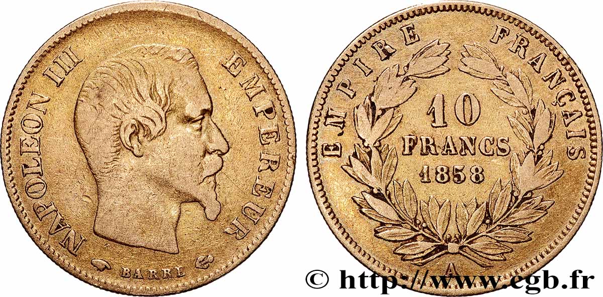 10 francs or Napoléon III, tête nue, grand module 1858 Paris F.506/5 TB 