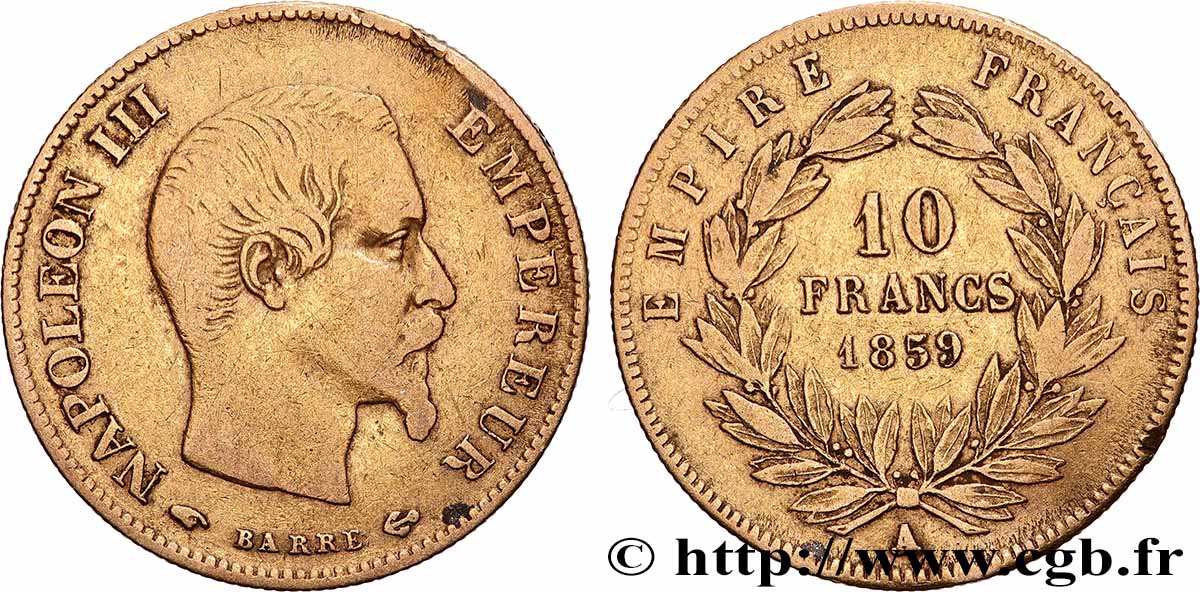 10 francs or Napoléon III, tête nue 1859 Paris F.506/7 TB 