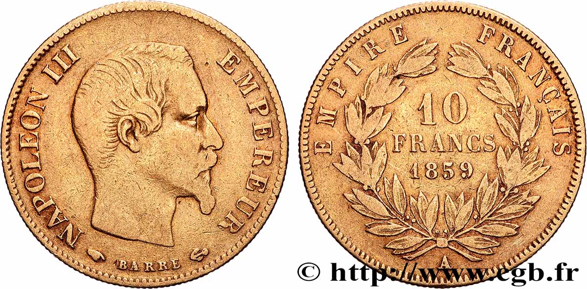 10 francs or Napoléon III, tête nue 1859 Paris F.506/7 TB 