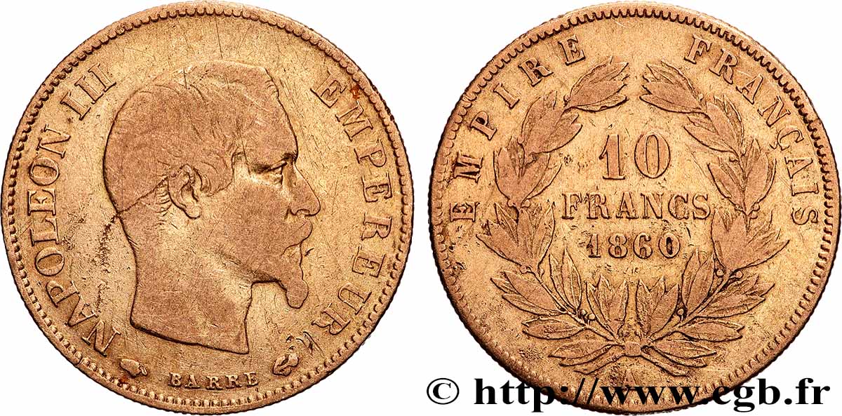 10 francs or Napoléon III, tête nue 1860 Paris F.506/9 MB 