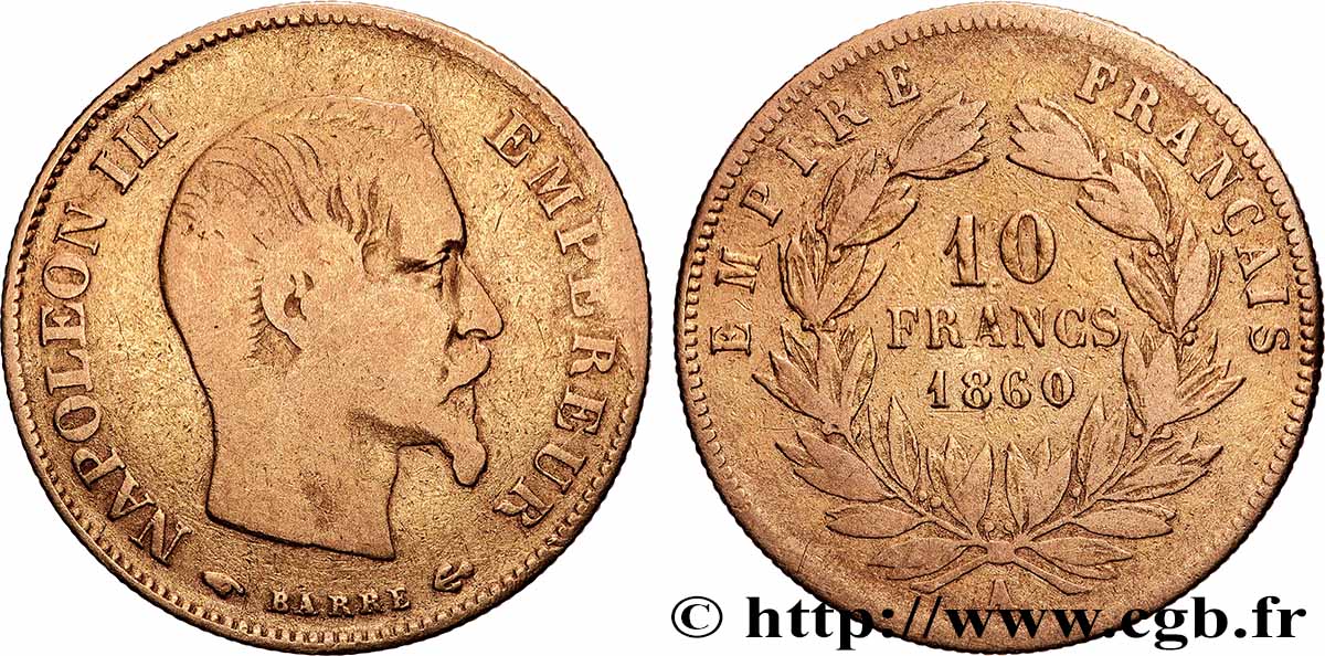 10 francs or Napoléon III, tête nue 1860 Paris F.506/9 B+ 
