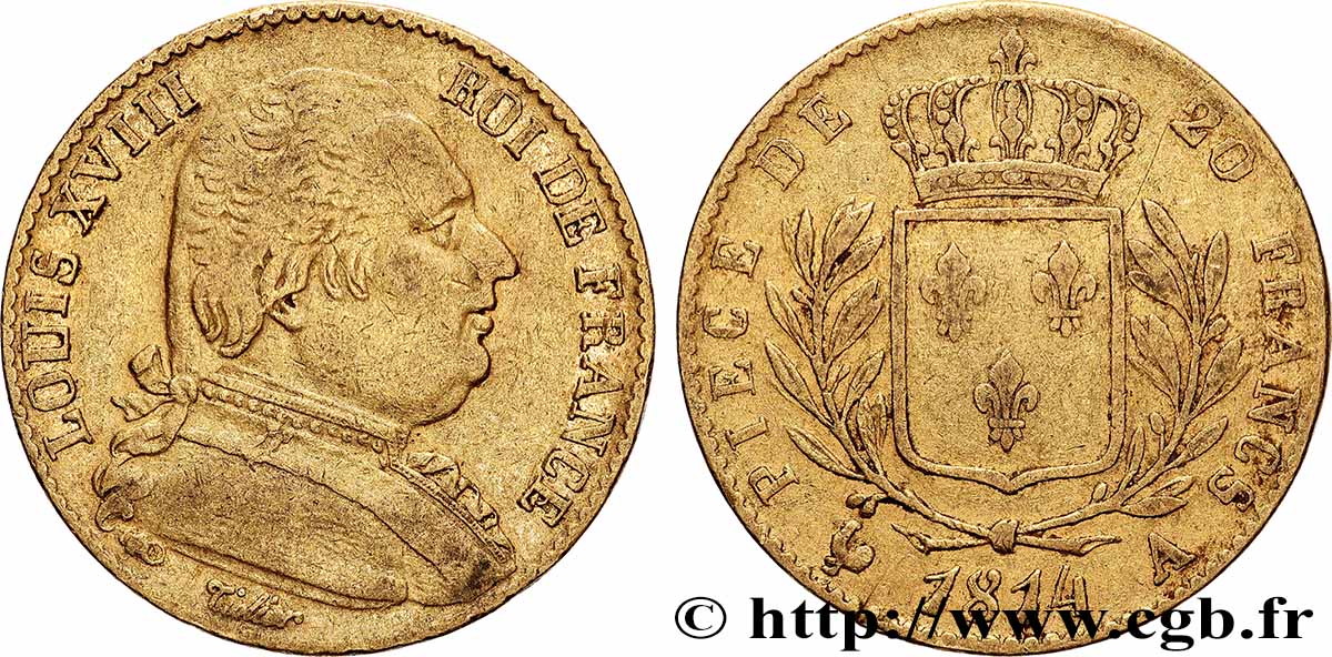 20 francs or Louis XVIII, buste habillé 1814 Paris F.517/2 VF 