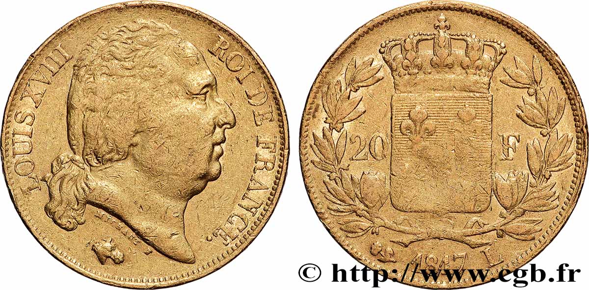 20 francs or Louis XVIII, tête nue 1817 Bayonne F.519/7 MB 