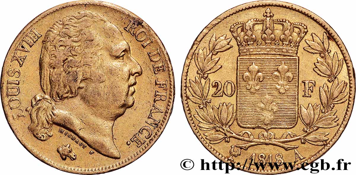 20 francs or Louis XVIII, tête nue 1818 Paris F.519/10 MBC 