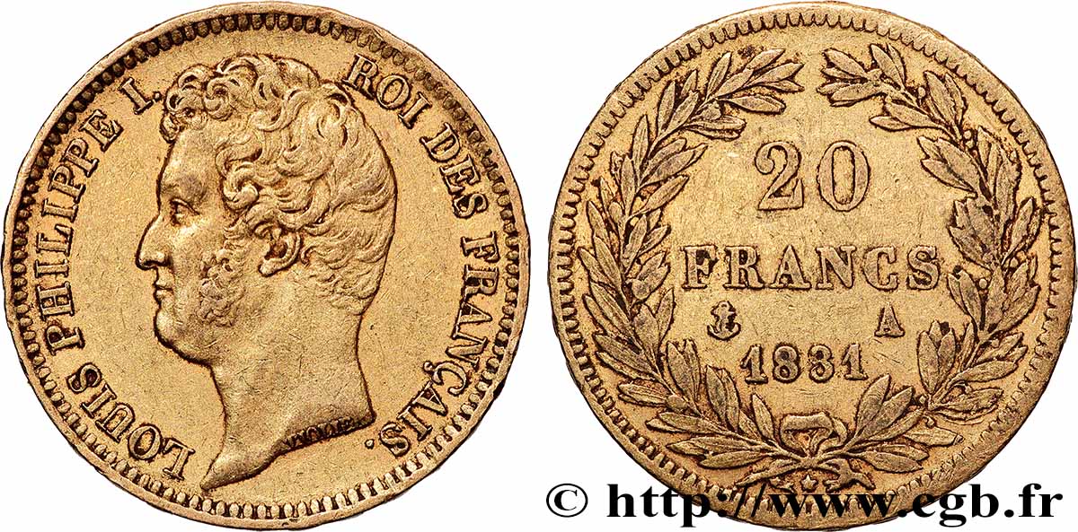 20 francs or Louis-Philippe, Tiolier, tranche inscrite en relief 1831 Paris F.525/2 XF 
