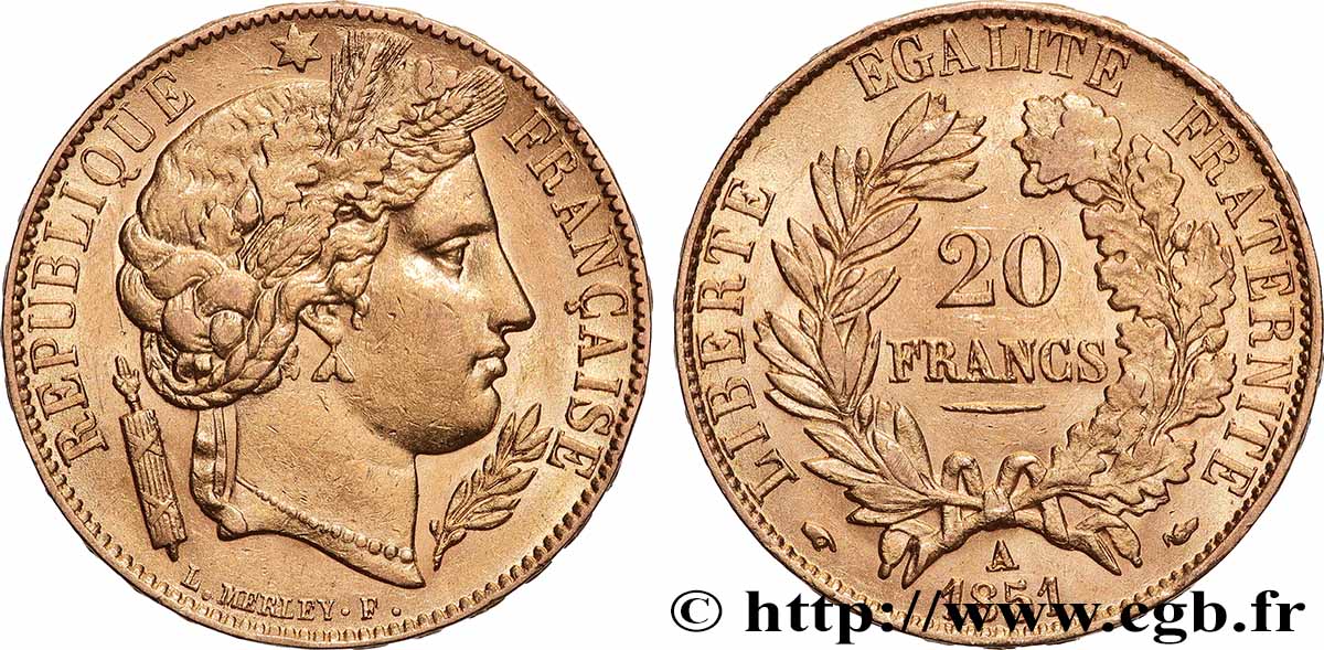 20 francs or Cérès 1851 Paris F.529/4 TTB+ 