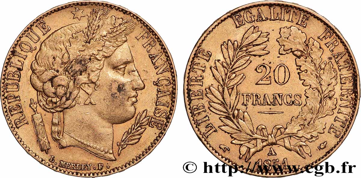 20 francs or Cérès 1851 Paris F.529/4 MBC 