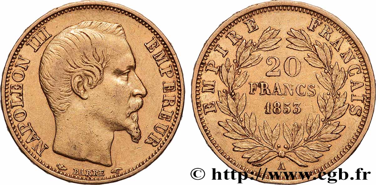 20 francs or Napoléon III, tête nue 1853 Paris F.531/1 TTB 
