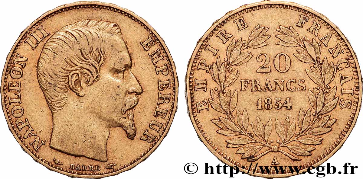 20 francs or Napoléon III, tête nue 1854 Paris F.531/2 TTB 