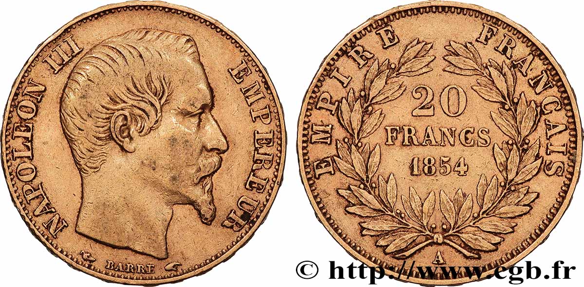 20 francs or Napoléon III, tête nue 1854 Paris F.531/2 BB 