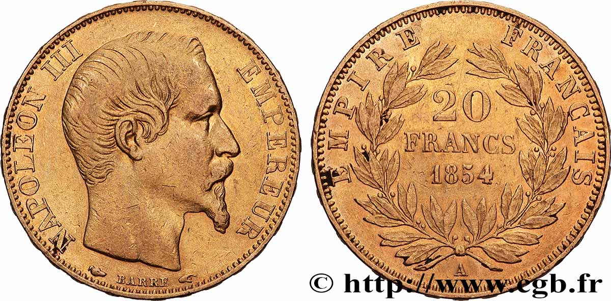 20 francs or Napoléon III, tête nue 1854 Paris F.531/2 XF 