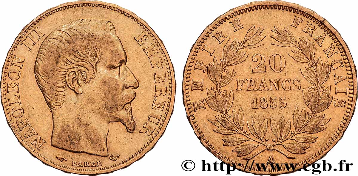 20 francs or Napoléon III, tête nue 1855 Paris F.531/4 XF 