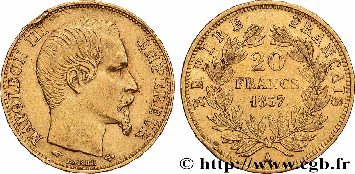 20 francs or Napoléon III, tête nue 1857 Paris F.531/12 TTB 