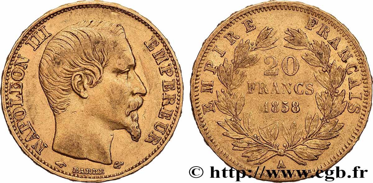 20 francs or Napoléon III, tête nue 1858 Paris F.531/13 TTB 