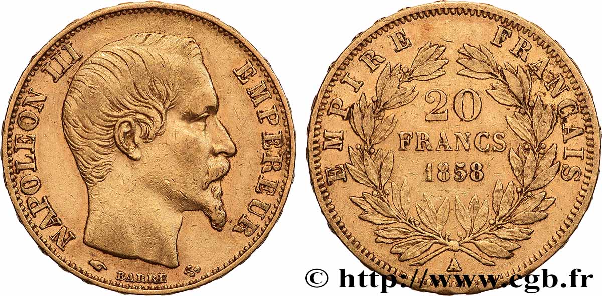 20 francs or Napoléon III, tête nue 1858 Paris F.531/13 BB 