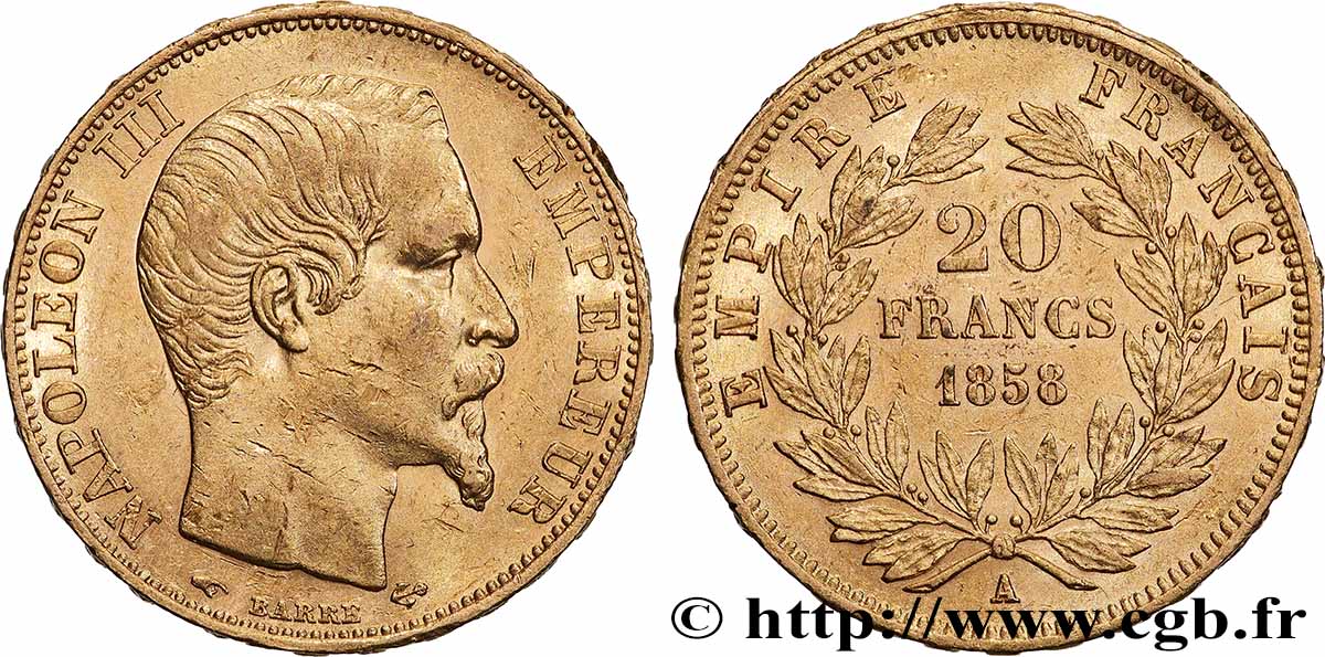20 francs or Napoléon III, tête nue 1858 Paris F.531/13 TTB+ 